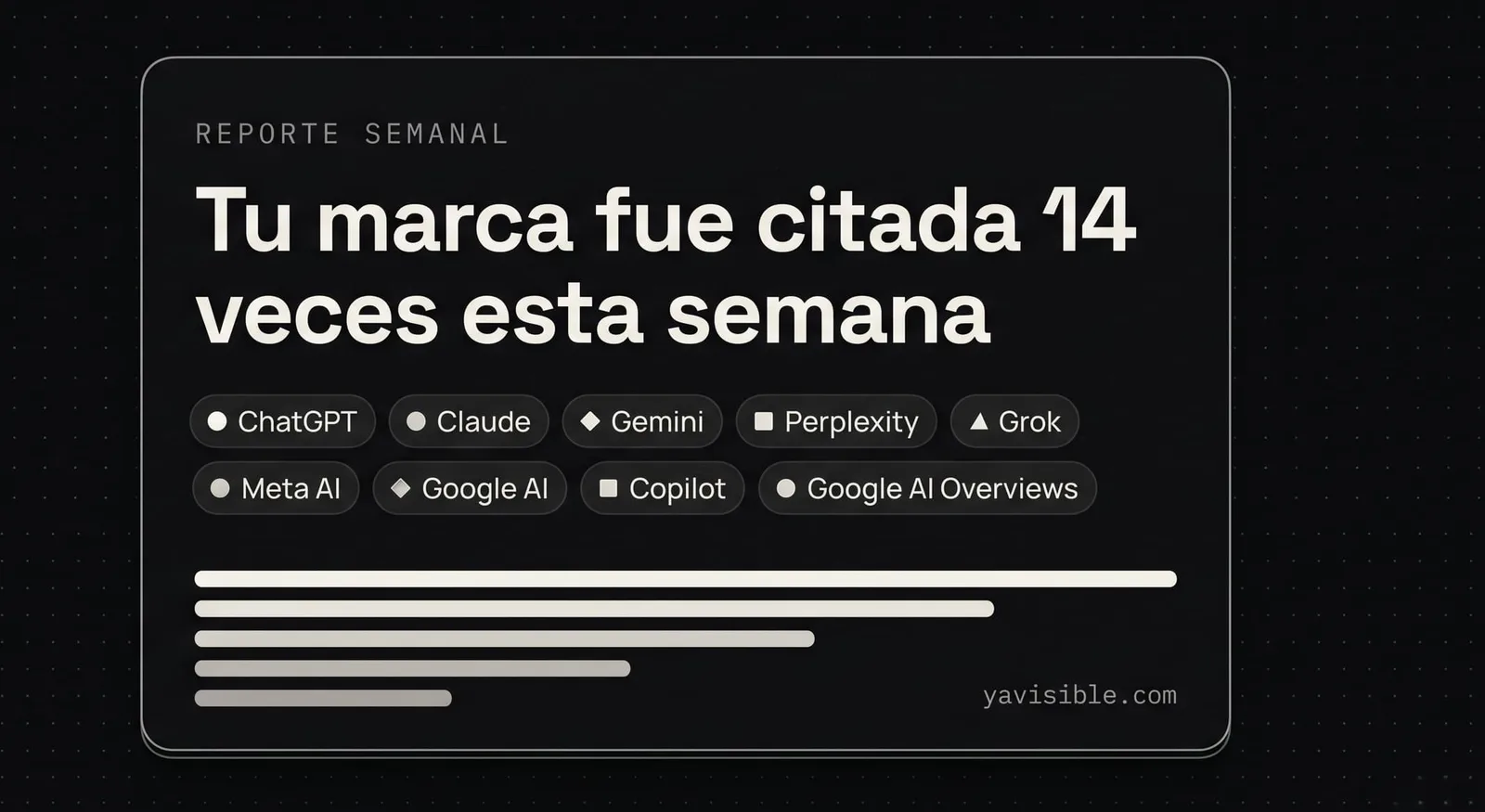 Reporte semanal de Ya Visible mostrando cuántas veces fue citada una marca por ChatGPT, Claude, Gemini y otros motores de IA